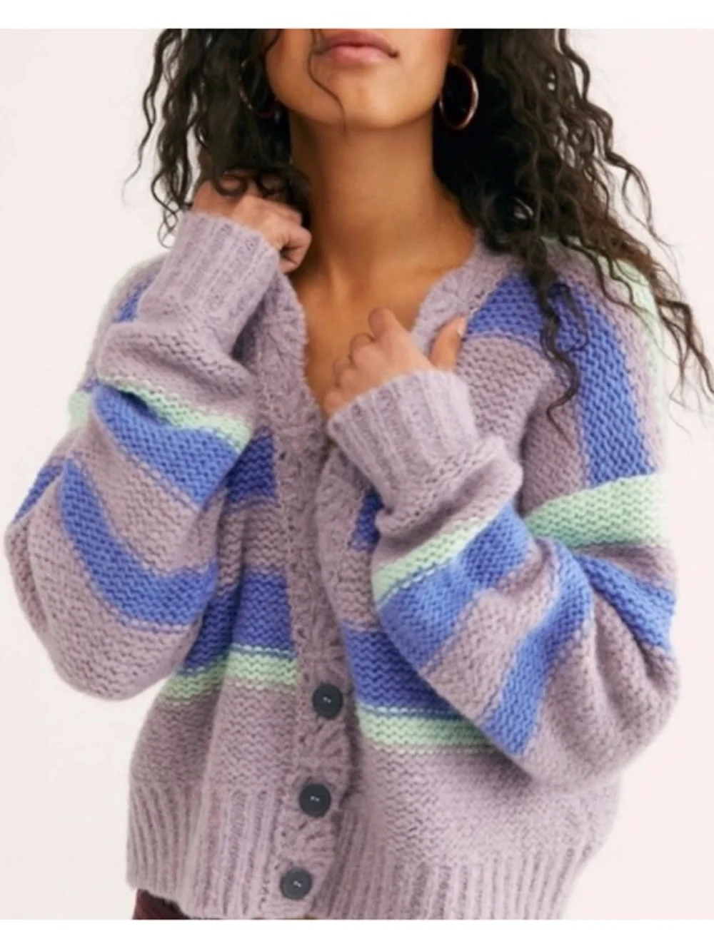 Free People Fine Time Stripe Alpaca Wool Blend Cardigan Sweater Chunky Knit Boho